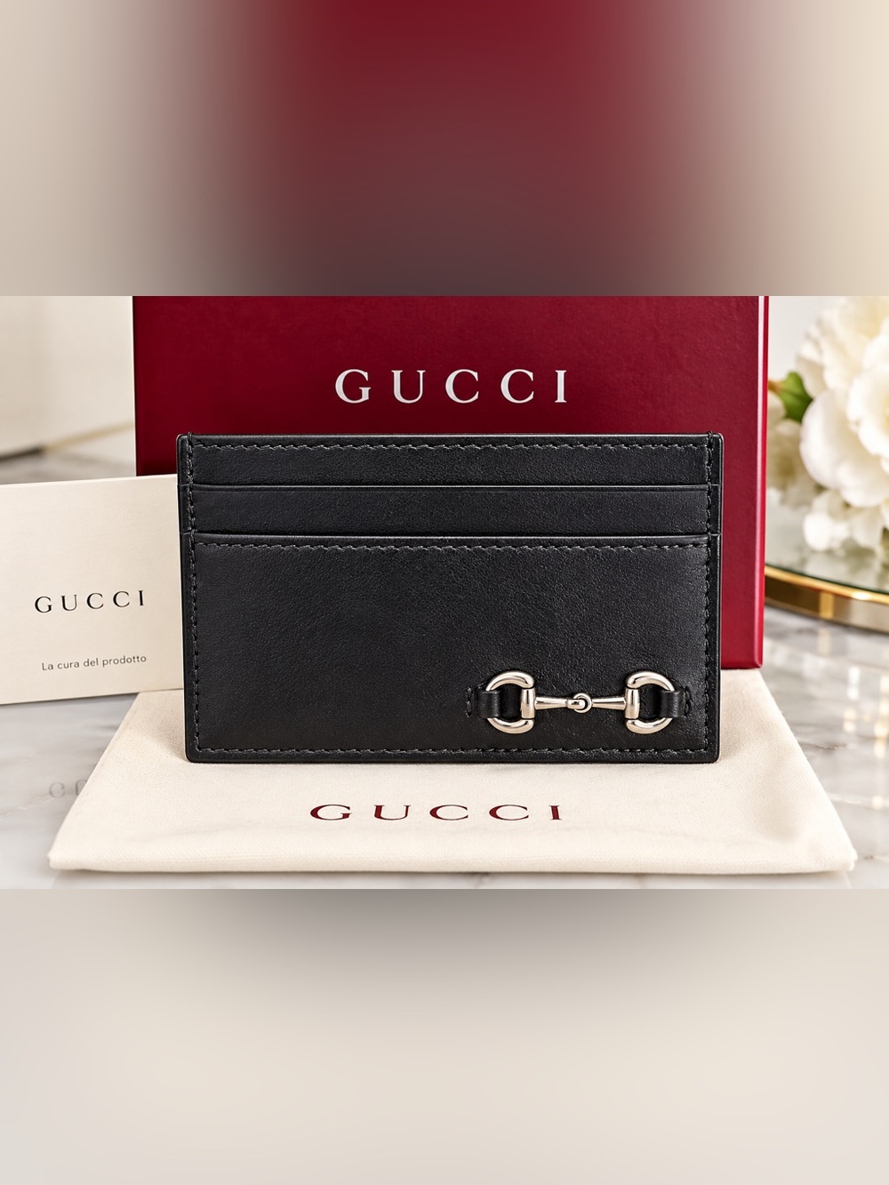 Gucci Black Leather Card Holder with Silver Horsebit Detail